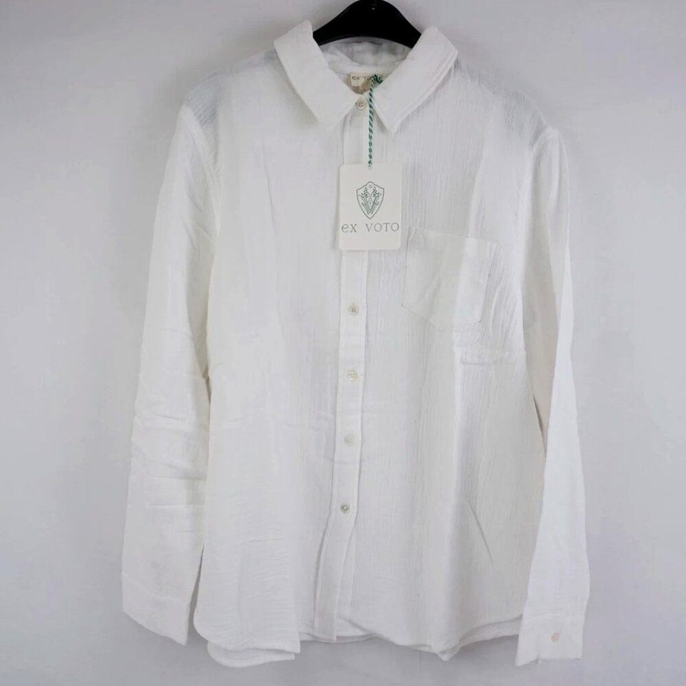 Ex Voto Sage Gauze Button Front Womens Cotton Shirt in White
